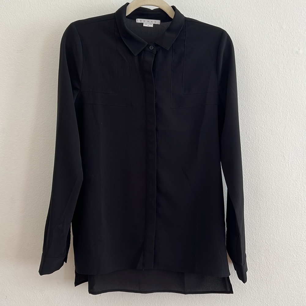 ACHRO Black Button Down Blouse, Size Medium, Minimalist Flowy Tunic, Medium